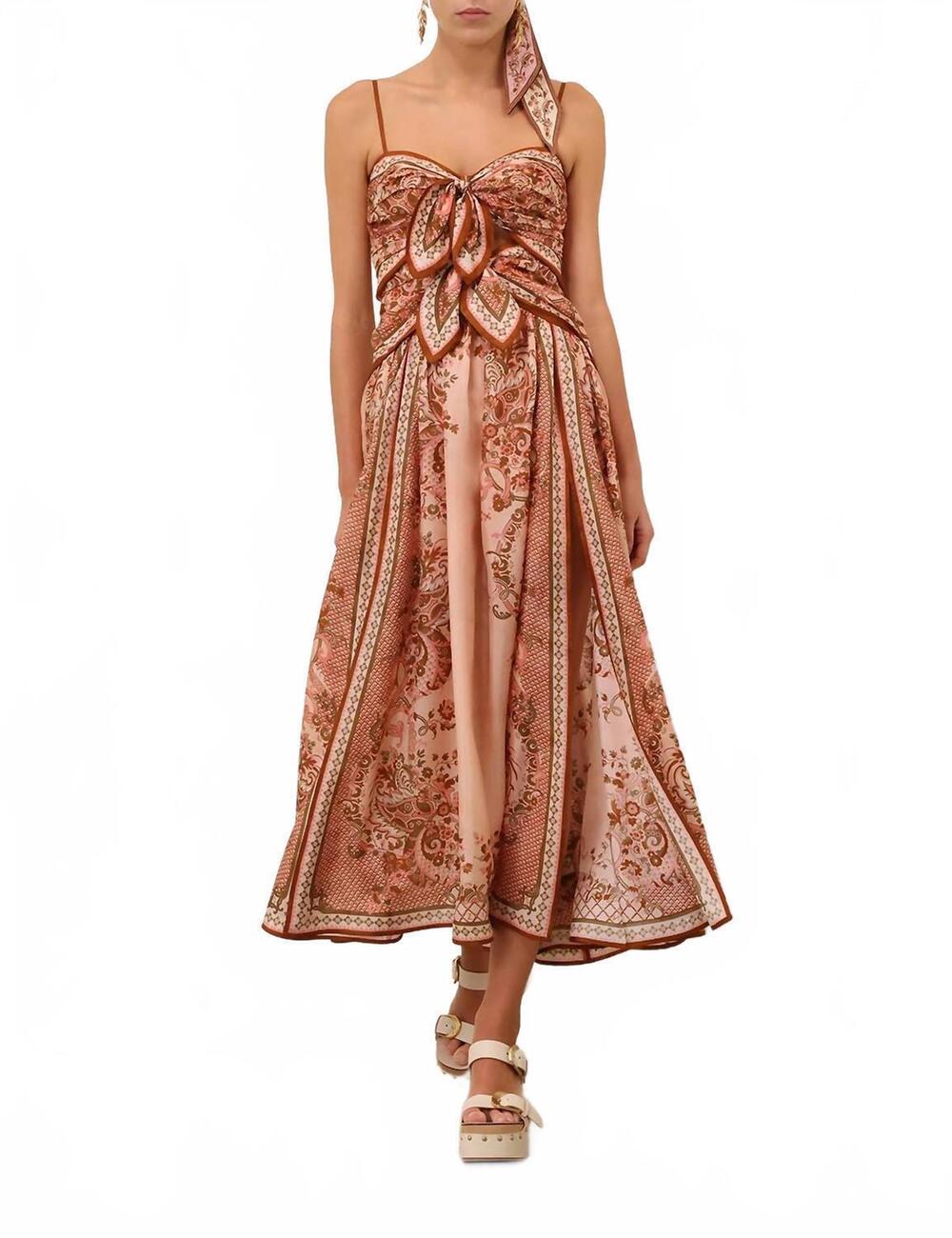 NEW ZIMMERMANN aster scarf midi dress in pink paisley floral